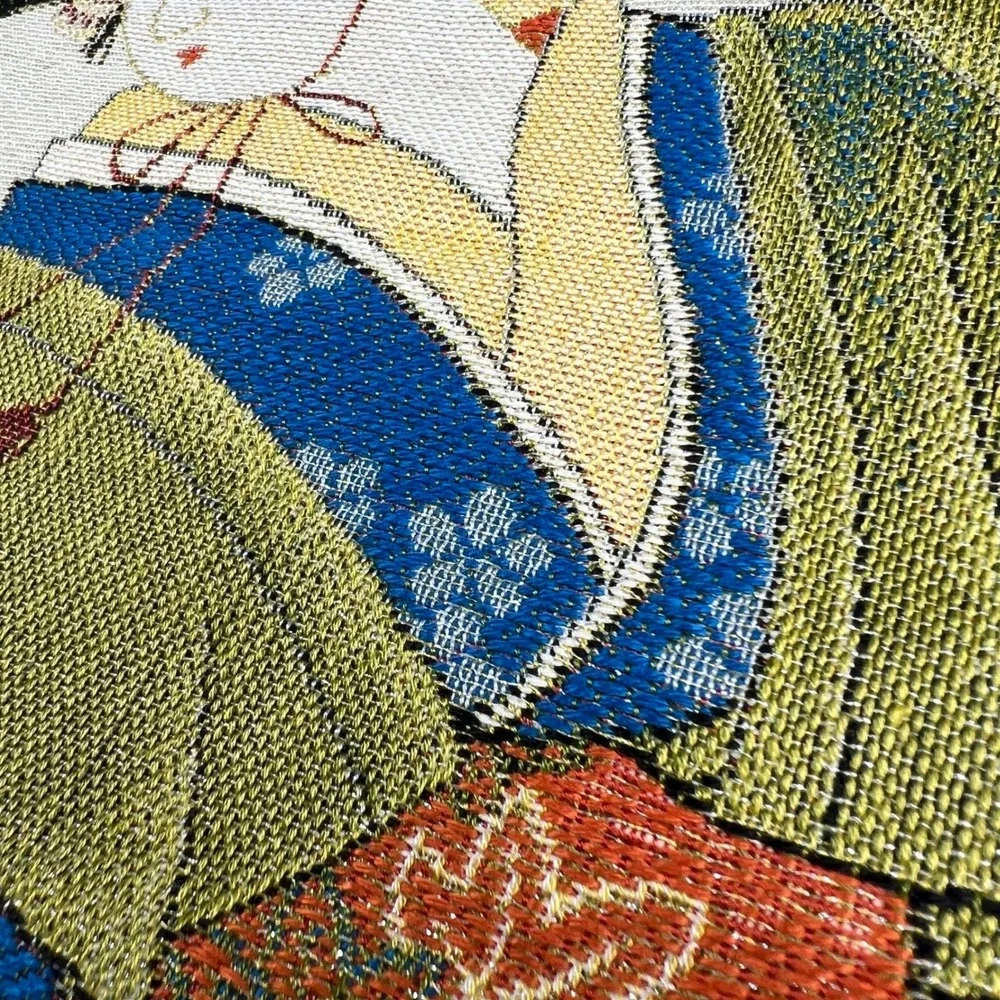 VTG Japanese Bijin-ga Geisha Woven Silk Tapestry Art Green Blue 13x12 Anime